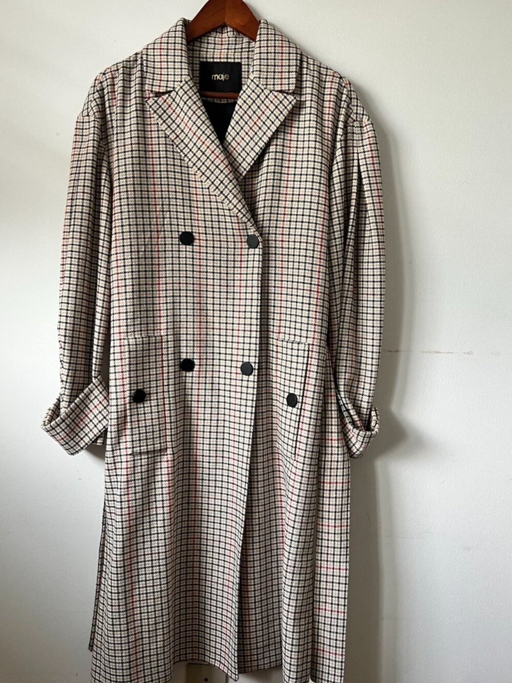 Maje Paris Long Plaid Checked Belted Brown Trench Coat FR 38 S/M Like New - Picture 3 of 16